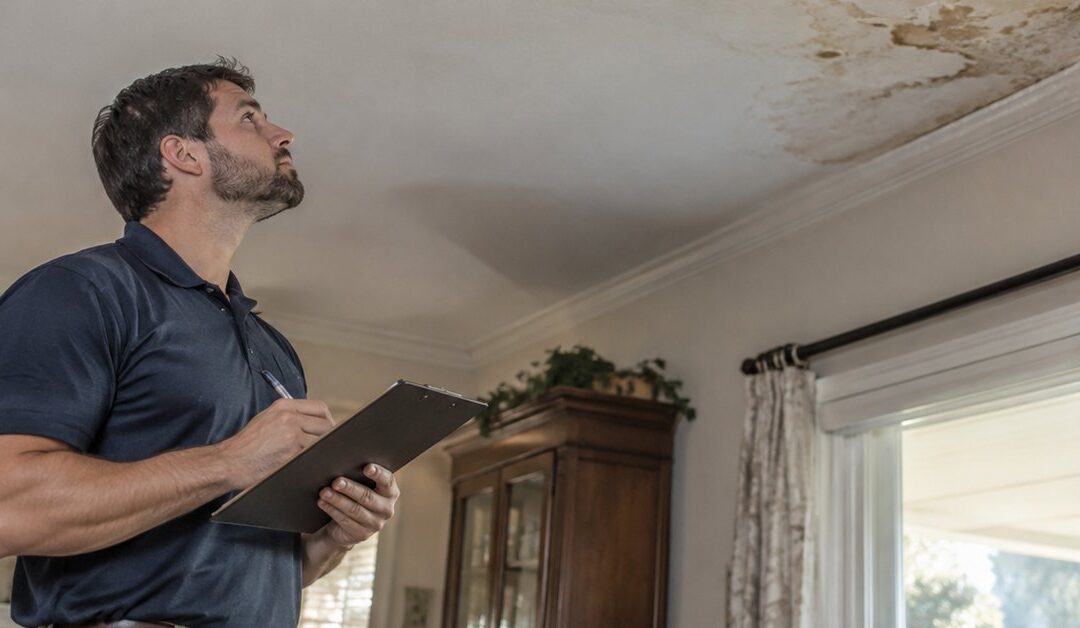 Ajustador de seguros con camisa polo anotando en una tabla mientras mira una mancha de agua en el techo de una sala en Florida