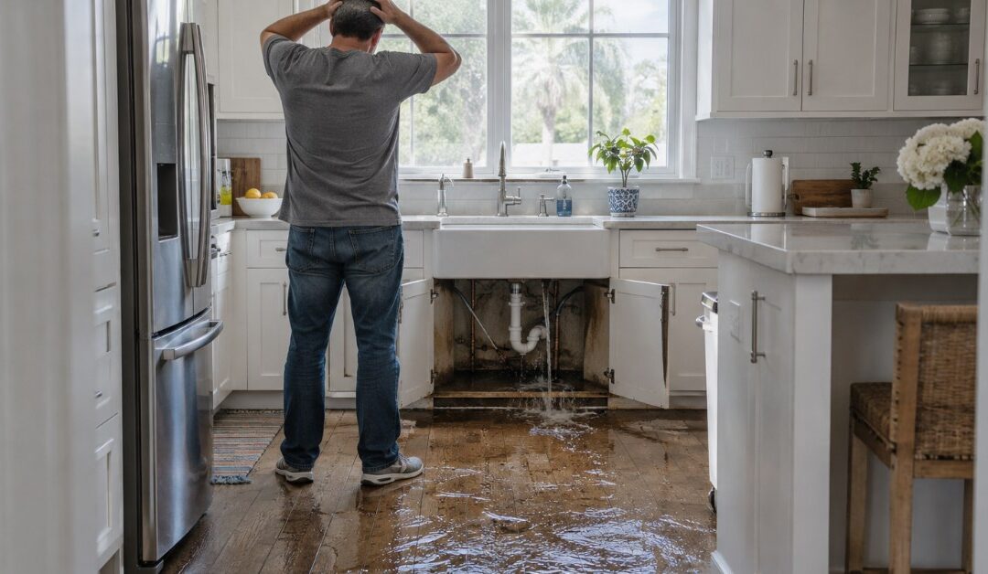 Homeowner with hands on his head looking at water pouring from a burst pipe under the kitchen sink onto a wood floor