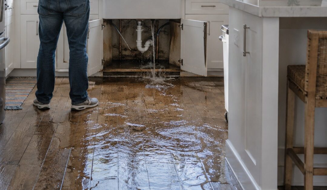Agua saliendo de una tubería rota debajo del fregadero de la cocina y mojando el piso de madera